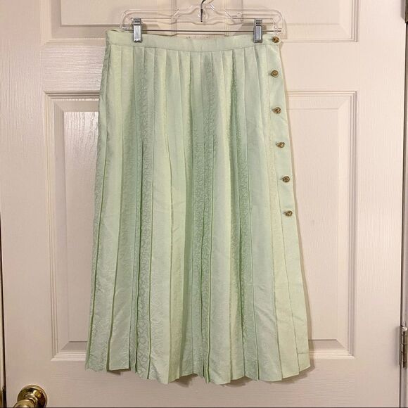 Adolfo Silk Vintage 80s Mint Green High Waisted Pleated Midi Skirt. - Picture 1 of 6